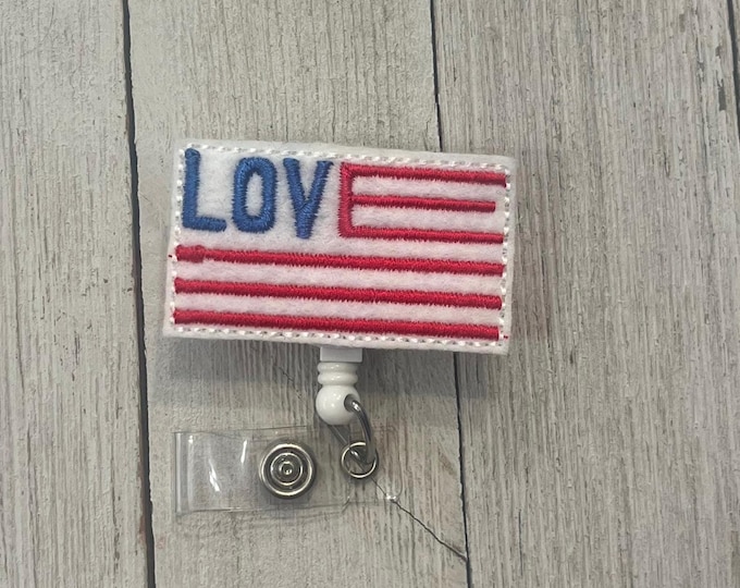 American flag badge holder, love USA, badge, retractable reel, Fourth of July feltie