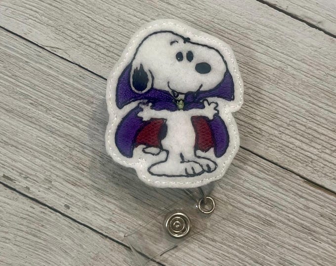 Dog vampire badge holder, white dog badge, vampire feltie, retractable reel, badge pull