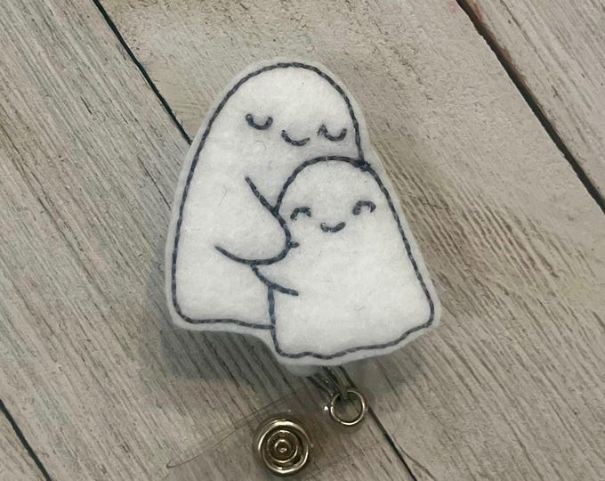 Hugging Ghost badge holder, cute ghost ID holder, retractable reel, badge pull