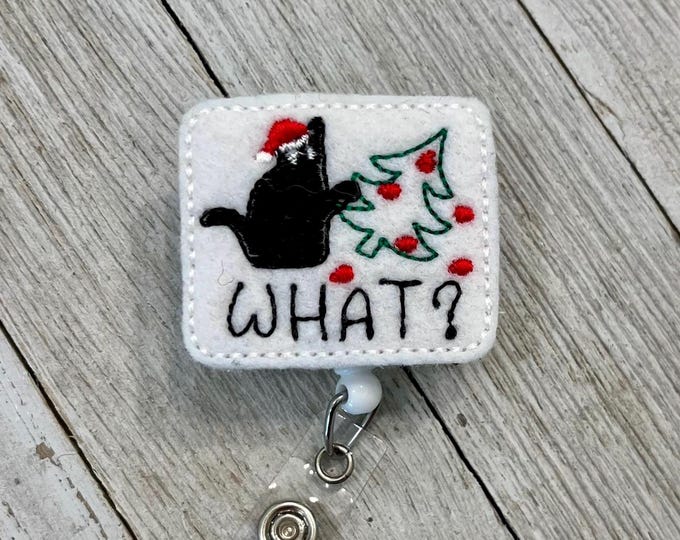 Black cat and Christmas tree badge reel, what the ID holder, kitty and Christmas tree feltie, badge pull