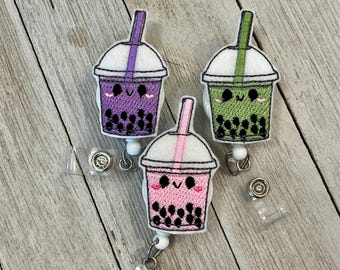 Boba tea badge reel,  boba tea ID holder, boba tea feltie, badge pull