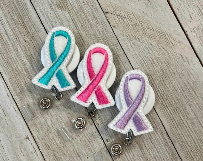 Awareness ribbon badge reel, breast cancer awareness, pink ribbon ID holder, badge pull