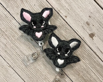 Bat with heart badge reel, bat badge holder, bat heart feltie, badge pull