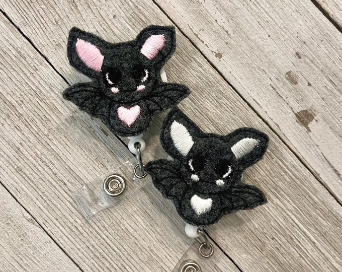 Bat with heart badge reel, bat badge holder, bat heart feltie, badge pull