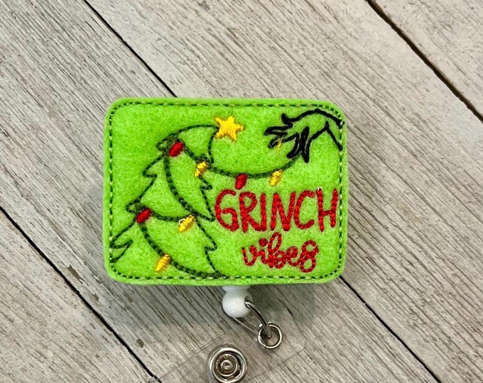 Green monster vibes badge reel, Christmas vibes ID holder, green feltie, badge pull