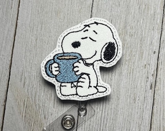 Coffee beagle Badge Holder: Felt glitter dog decor,Retractable ID Reel, white dog lanyard