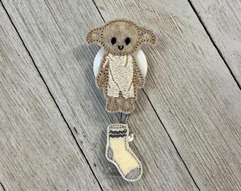 House elf badge reel, house elf ID holder, house elf feltie, house elf with sock, badge pull