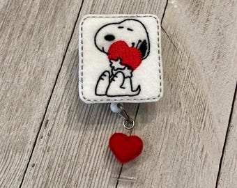 White Dog Hugging Heart Felt Badge Reel: ID Holder