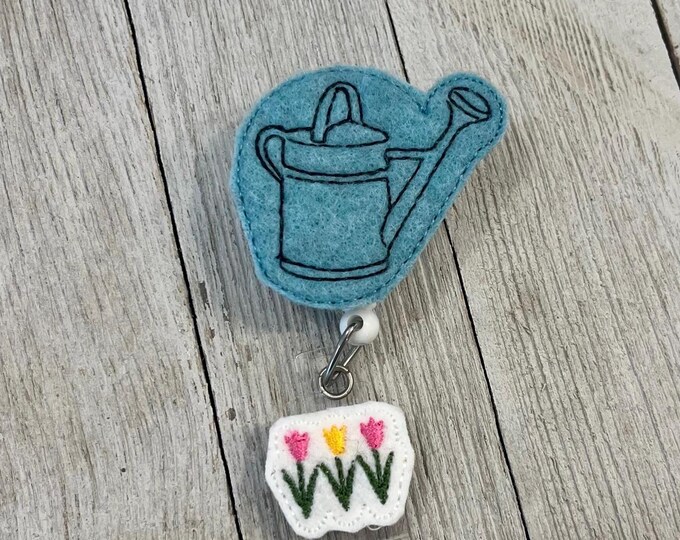 Watering can badge reel, flower pot, garden feltie, ID holder. Badge pull,