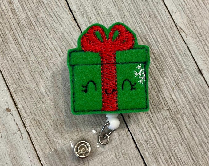 Christmas present badge reel, wrapped a gift ID holder, happy Christmas gift feltie, badge pull