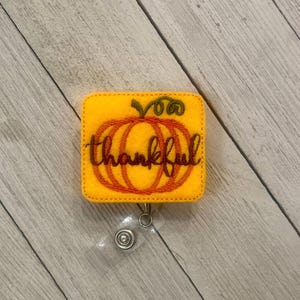 Thankful Pumpkin Felt Badge Holder: Retractable ID Reel