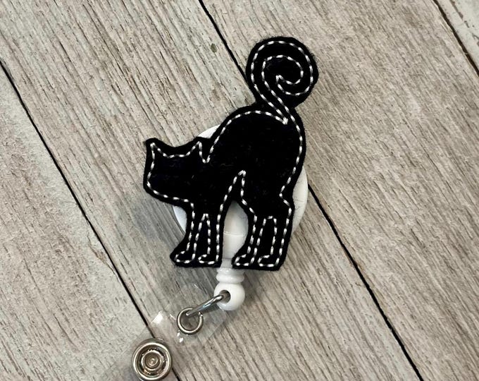 Black cat badge holder, cat silhouette badge, black cat feltie, badge pull