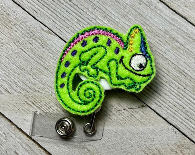 Chameleon  badge reel, reptile ID holder, lizard feltie, badge pull