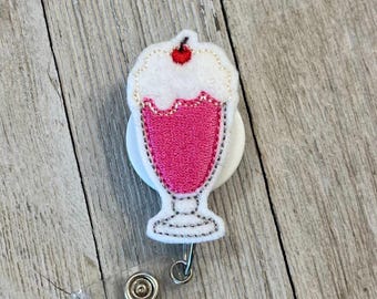 Soda shop badge reel, strawberry shake ID holder, ice cream feltie, badge pull