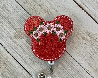Glitter mouse with flowers Badge reel, Glitter mouse ID holder, red, glitter mouse, badge pole