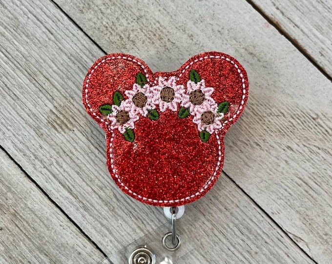 Glitter mouse with flowers Badge reel, Glitter mouse ID holder, red, glitter mouse, badge pole