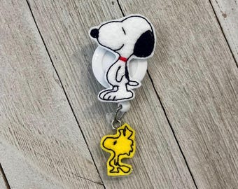 White Dog Badge Holder: Felt ID Pull with Yellow Bird