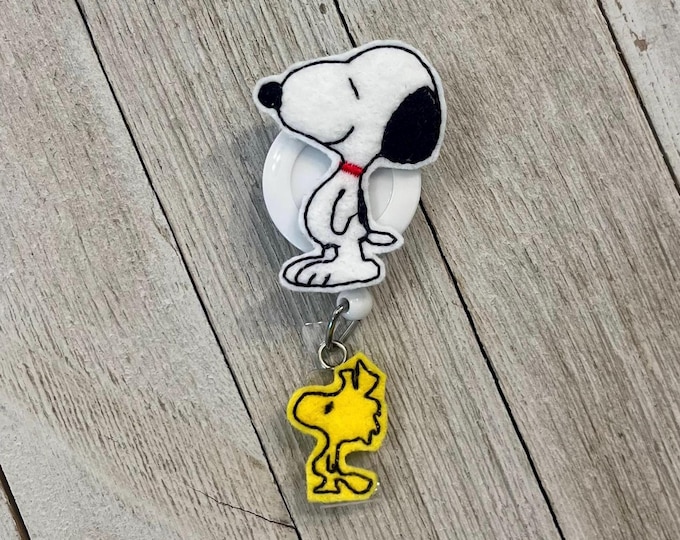 White dog badge holder, white dog with yellow bird, ID holder, badge pull