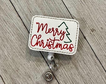 Simple Merry Christmas badge holder, vinyl  merry Christmas ID holder, Merry Christmas tree feltie, badge pull