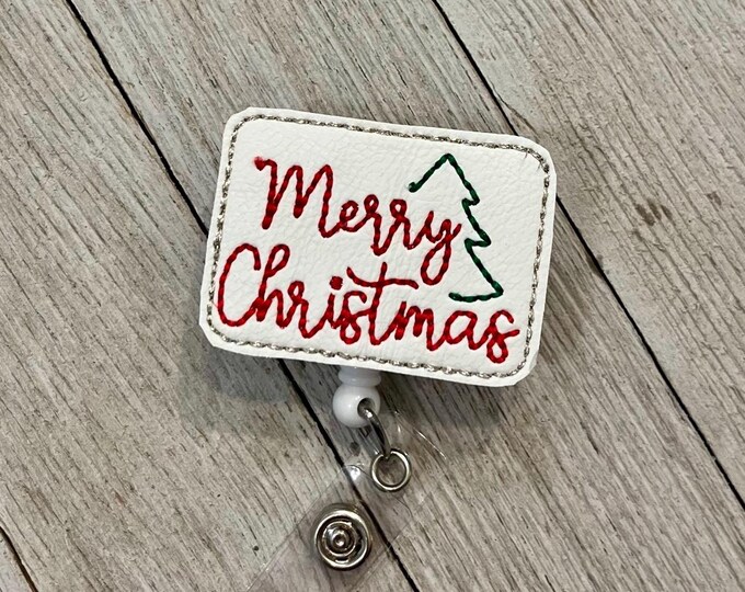 Simple Merry Christmas badge holder, vinyl  merry Christmas ID holder, Merry Christmas tree feltie, badge pull
