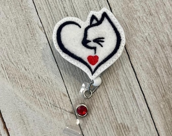 Cat heart badge reel, cat silhouette heart badge holder, cat silhouette feltie, badge pull