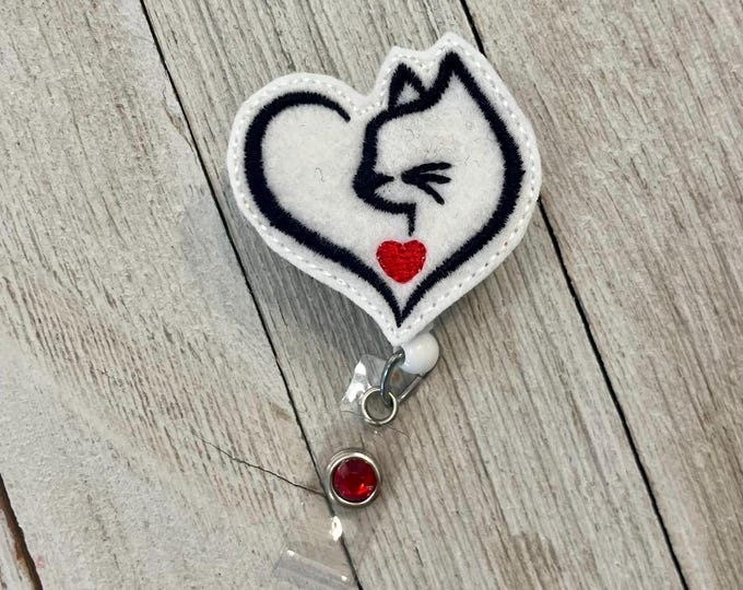 Cat heart badge reel, cat silhouette heart badge holder, cat silhouette feltie, badge pull