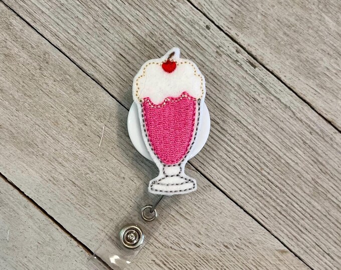 Strawberry shake badge holder, old fashion shake badge, strawberry shake feltie, badge pull