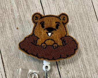 Groundhog Feltie Badge Reel: Retractable ID Holder