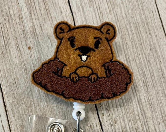Groundhog Feltie Badge Reel: Retractable ID Holder
