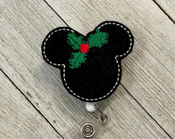 Mouse Holly badge reel, mouse ears ID holder, Holly mouse feltie, badge pull