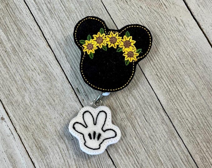Mouse ears with sunflowers badge reel, mouse and sunflowers IF holder, black mouse ears feltie, badge pull