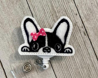 Peeking terrier badge reel, Boston terrier badge holder, Terrier dog feltie, badge pull