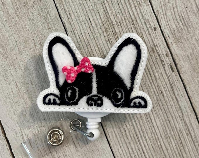 Peeking terrier badge reel, Boston terrier badge holder, Terrier dog feltie, badge pull
