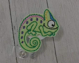 Chameleon  badge reel, reptile ID holder, lizard feltie, badge pull