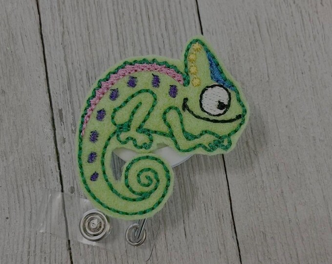 Chameleon  badge reel, reptile ID holder, lizard feltie, badge pull