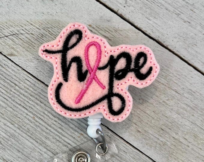 Breast cancer awareness badge, pink ribbon ID holder, hope feltie, badge pull