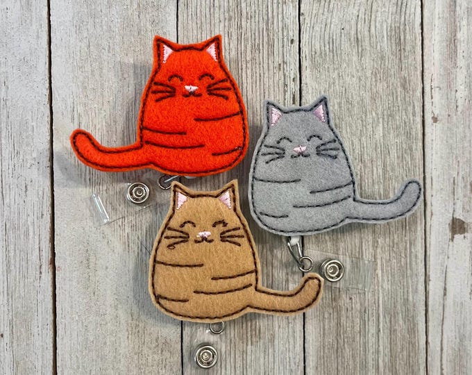 Fat cat bdage holder, pudgy cat badge holder, tabby cat feltie, badge pull