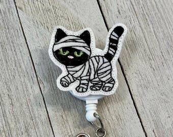 Mummy Cat Felt Badge Reel: Halloween ID Holder