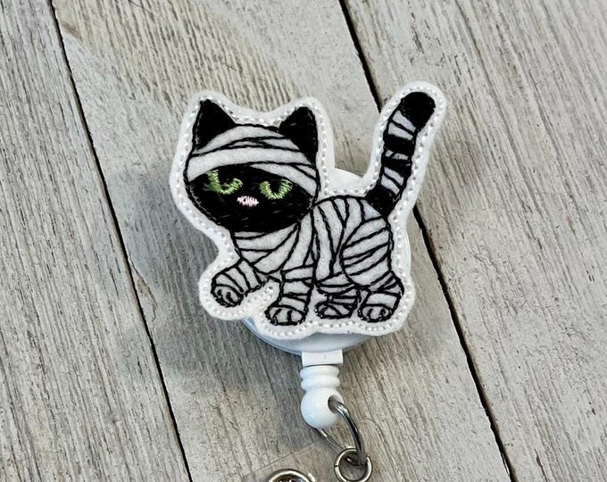 Mummy Cat Felt Badge Reel: Halloween ID Holder