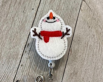 Gazing Snowman Felt Badge Reel: ID Holder, Nurse, Teacher