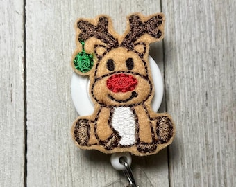 Red Nose Reindeer Feltie Badge Reel, Retractable ID Holder