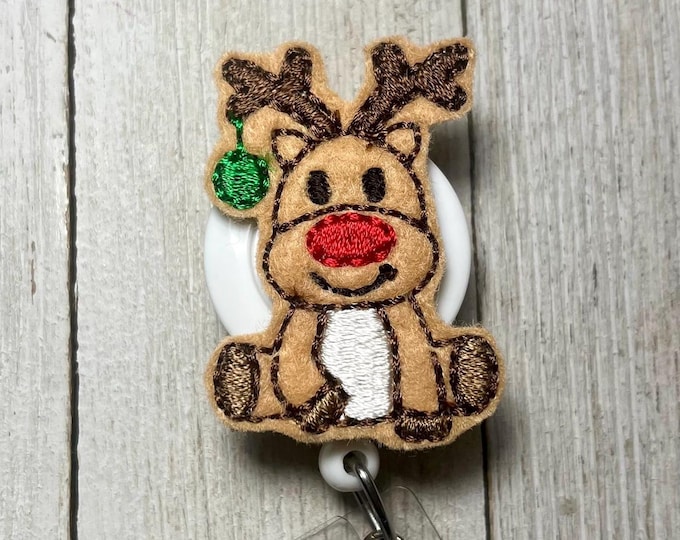Red Nose Reindeer Feltie Badge Reel, Retractable ID Holder