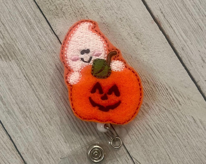 Ghost pumpkin badge holder, ghost feltie, pumpkin feltie, retractable reel, badge pull
