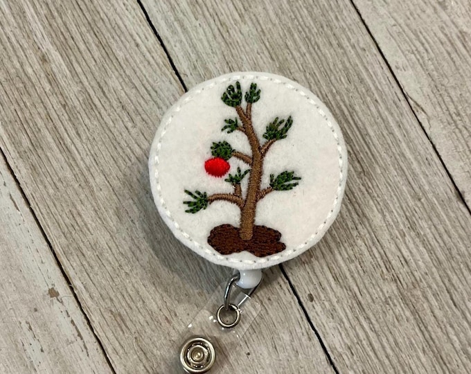 Charlie Brown Christmas tree badge reel, little Christmas tree ID holder, scrawny tree feltie, badge pull