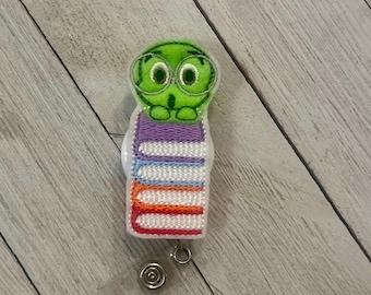 Bookworm badge holder, stack of books ID, retractable reel, badge pull
