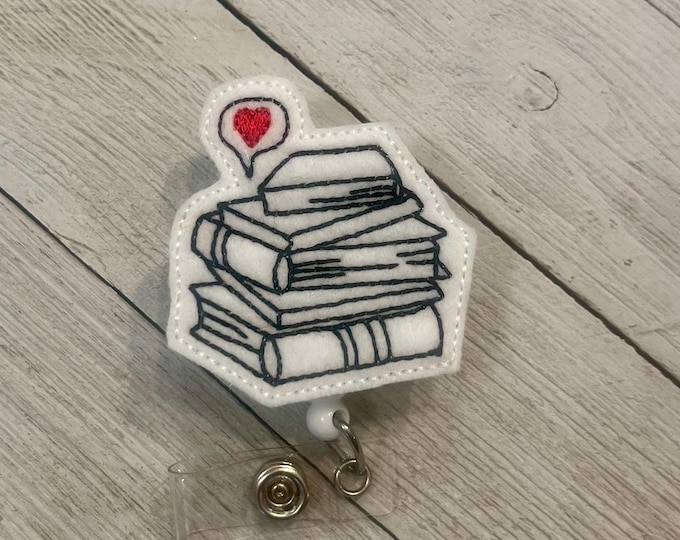 Love Books badge holder, book lover, stack of books Badge, book feltie, retractable reel, badge pull