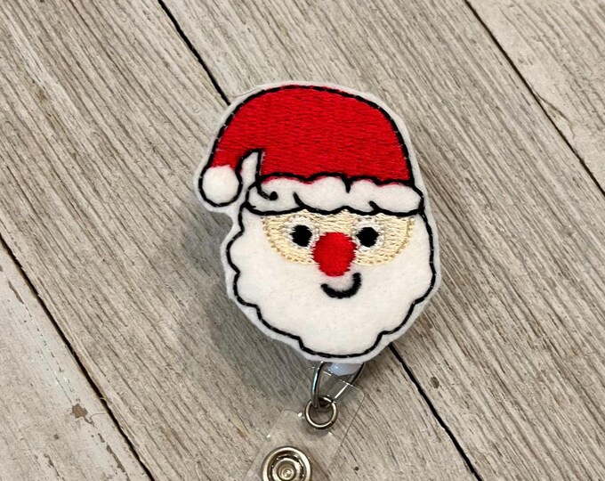 Santa face badge reel, cute Santa ID holder, Santa face feltie, badge pull, colored lanyard