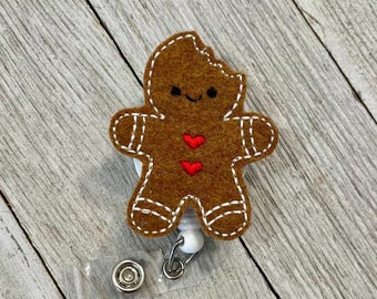 Gingerbread Man Badge Reel: Felt ID Holder, Retractable Clip