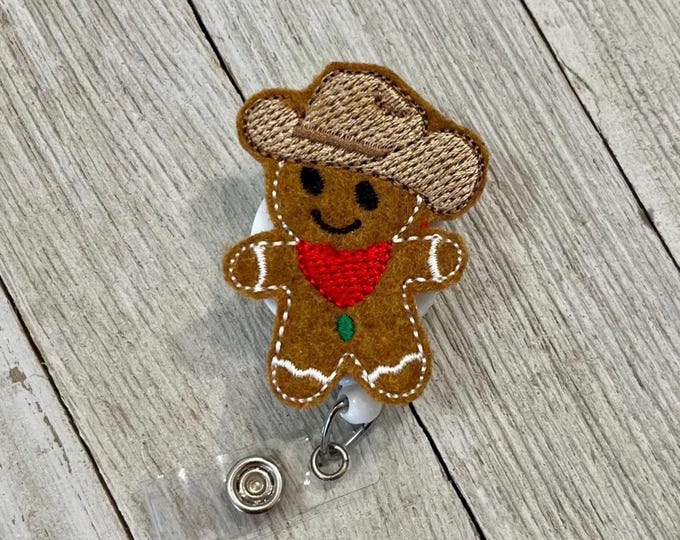 Cowboy gingerbread man badge reel, cowboy gingerbread man feltie, gingerbread man ID holder, badge pull
