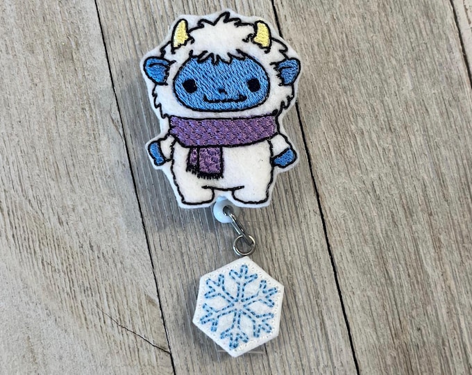 Yeti with snowflake badge reel, cute yeti ID holder, yeti feltie, badge pull